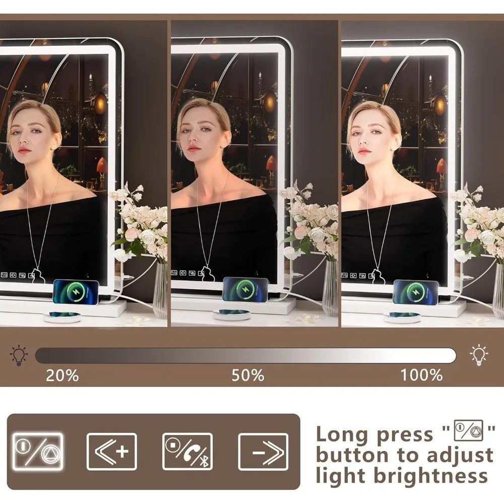 XL Vanity Mirror with LED Lights, Bluetooth Speaker, and USB Charging