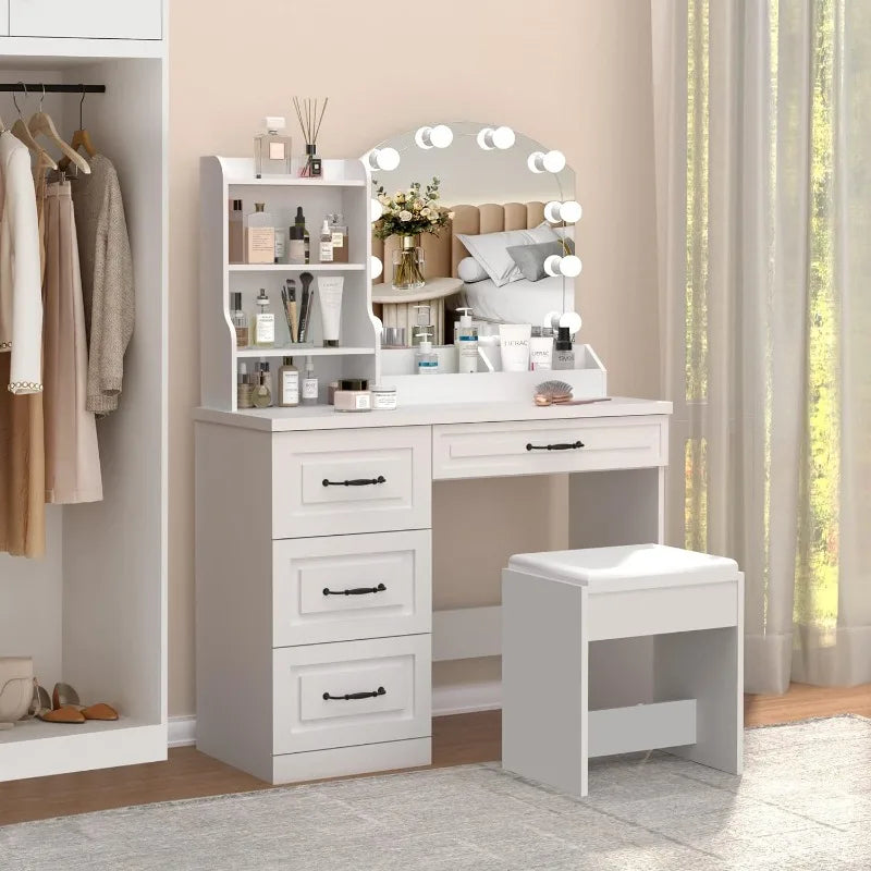 Makeup Vanity Desk with Lights and 4 Drawers and Arched Vanity Mirror