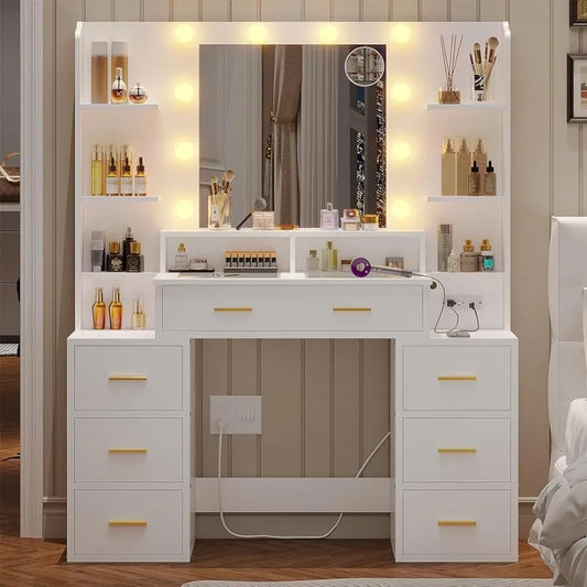 Glass Top Vanity Desk with Drawers, Vanity Mirror with Lights and Charging Station
