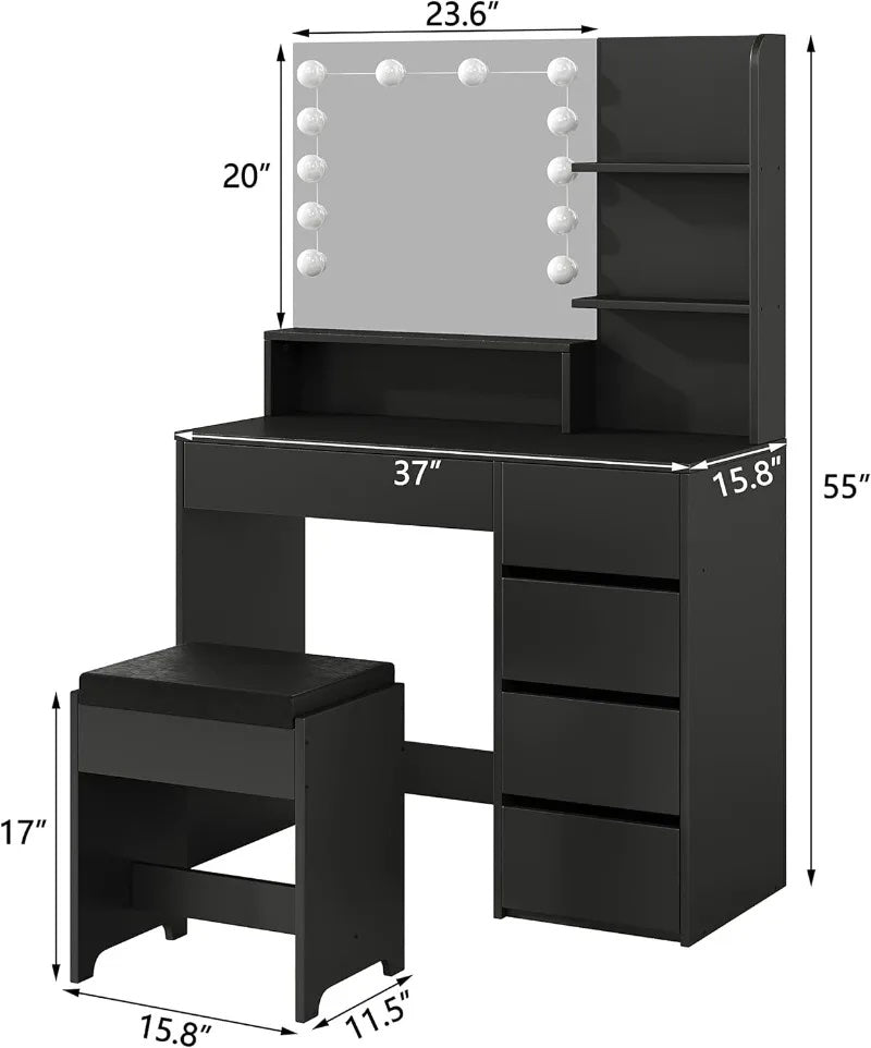 Makeup Vanity with Lights and Chair, Vanity Desk with 5 Drawers and Adjustable Brightness