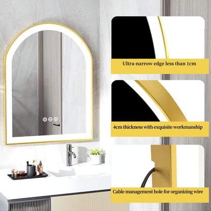 High-End LED Bathroom Mirror with Demister and Memory Function, Arch Framed, 3 Lighting Modes - LP Replenish