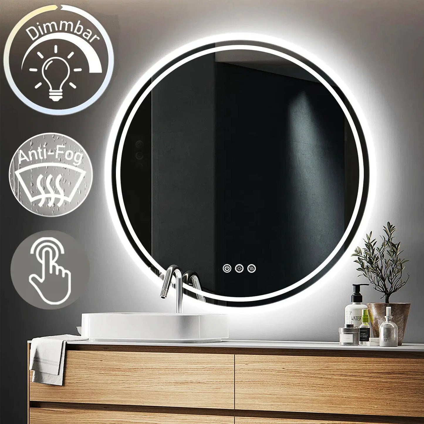 Smart Illuminate LED Round Mirror with Touch Screen and Anti-Fog Features