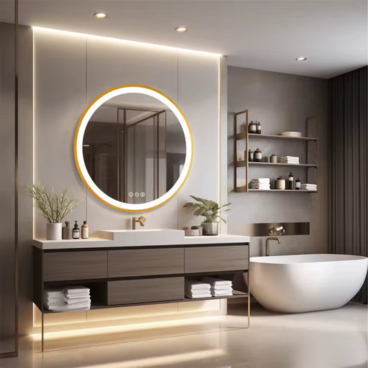 Round Bathroom Vanity Mirror with Gold Frame | Waterproof LED, 24 or 32 inch