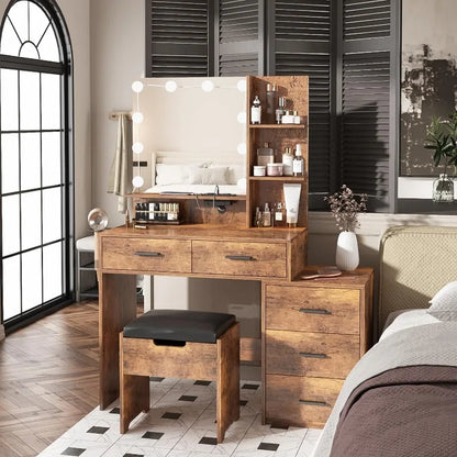 Vanity Desk with Mirror, Lights, and Integrated Nightstand - LP Replenish
