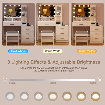 Vanity Desk with Mirror, Lights, and Integrated Nightstand - LP Replenish