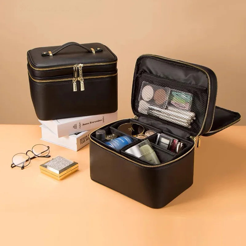 Large Capacity Dual-Zipper Makeup Travel Bag with Organizers