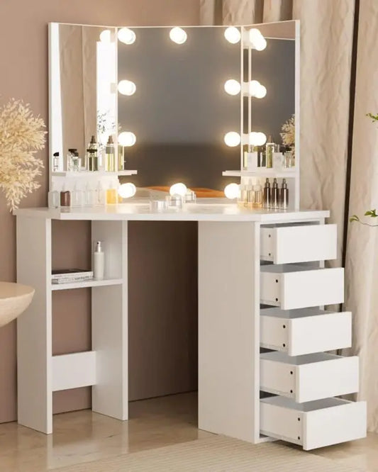 Corner Vanity Makeup Dressing Table with LED Mirror and Storage