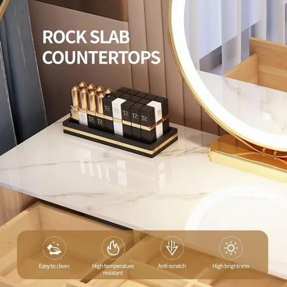 Modern Makeup Vanity with LED Mirror, 6 Drawers, Rock Slab Countertop, and Storage Chair - LP Replenish