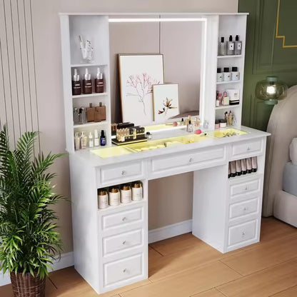 Large Vanity Desk with Lighted Mirror and 9 Drawers, Built-In Wireless Charger and Mini Fridge - LP Replenish