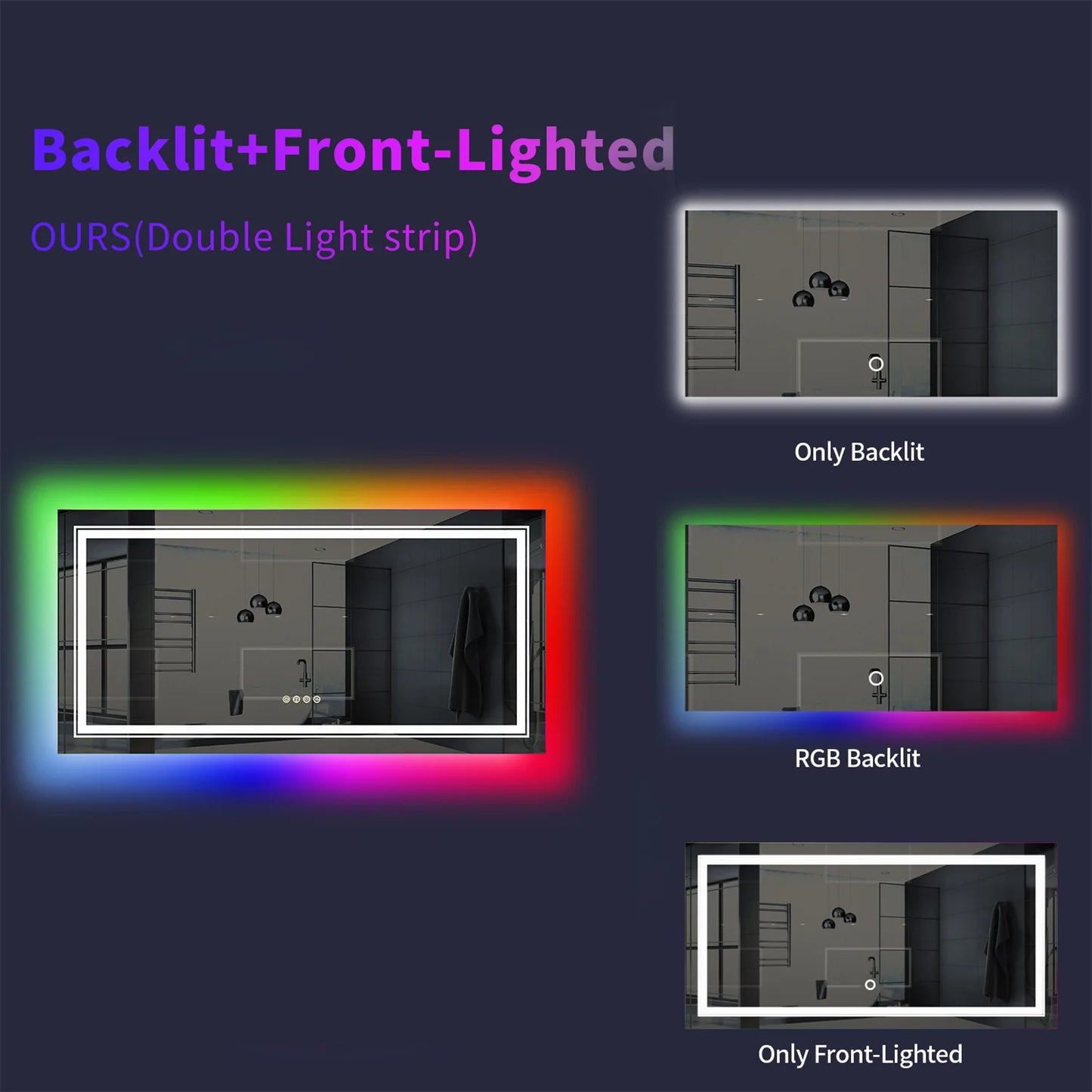 Large Bathroom LED Vanity Mirror with RGB Color Changing Backlit and Dimmable Anti-Fog Features