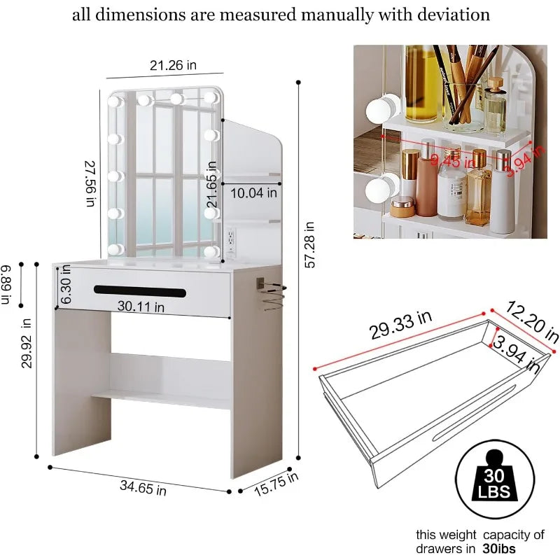 Modern Vanity Desk with Lighted LED Mirror and Comprehensive Storage Features
