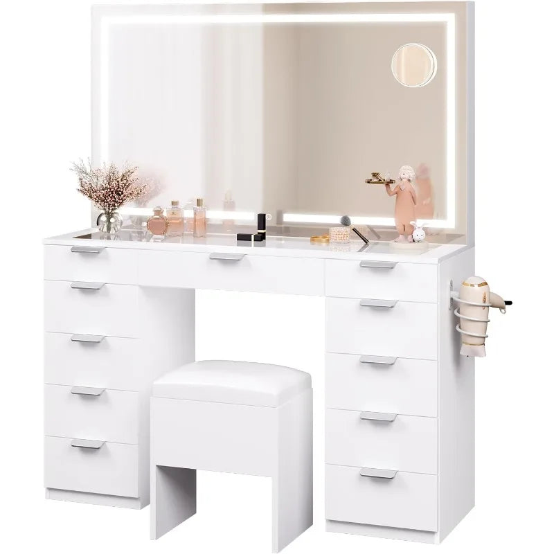 Large Vanity Desk Set with LED Lighted Mirror, Glass Top, Vanity Drawer and Power Outlet