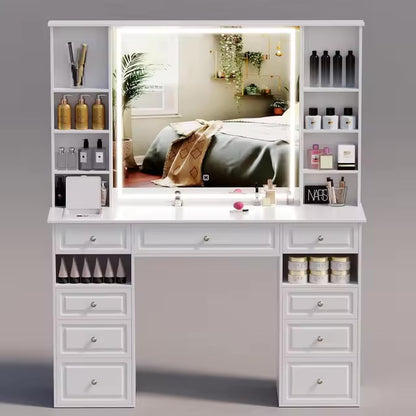 Large Vanity Desk with Lighted Mirror and 9 Drawers, Built-In Wireless Charger and Mini Fridge - LP Replenish