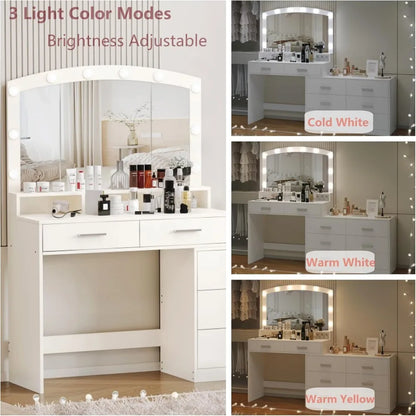 Large Makeup Vanity Desk with Hollywood Mirror and 8 Drawers - LP Replenish