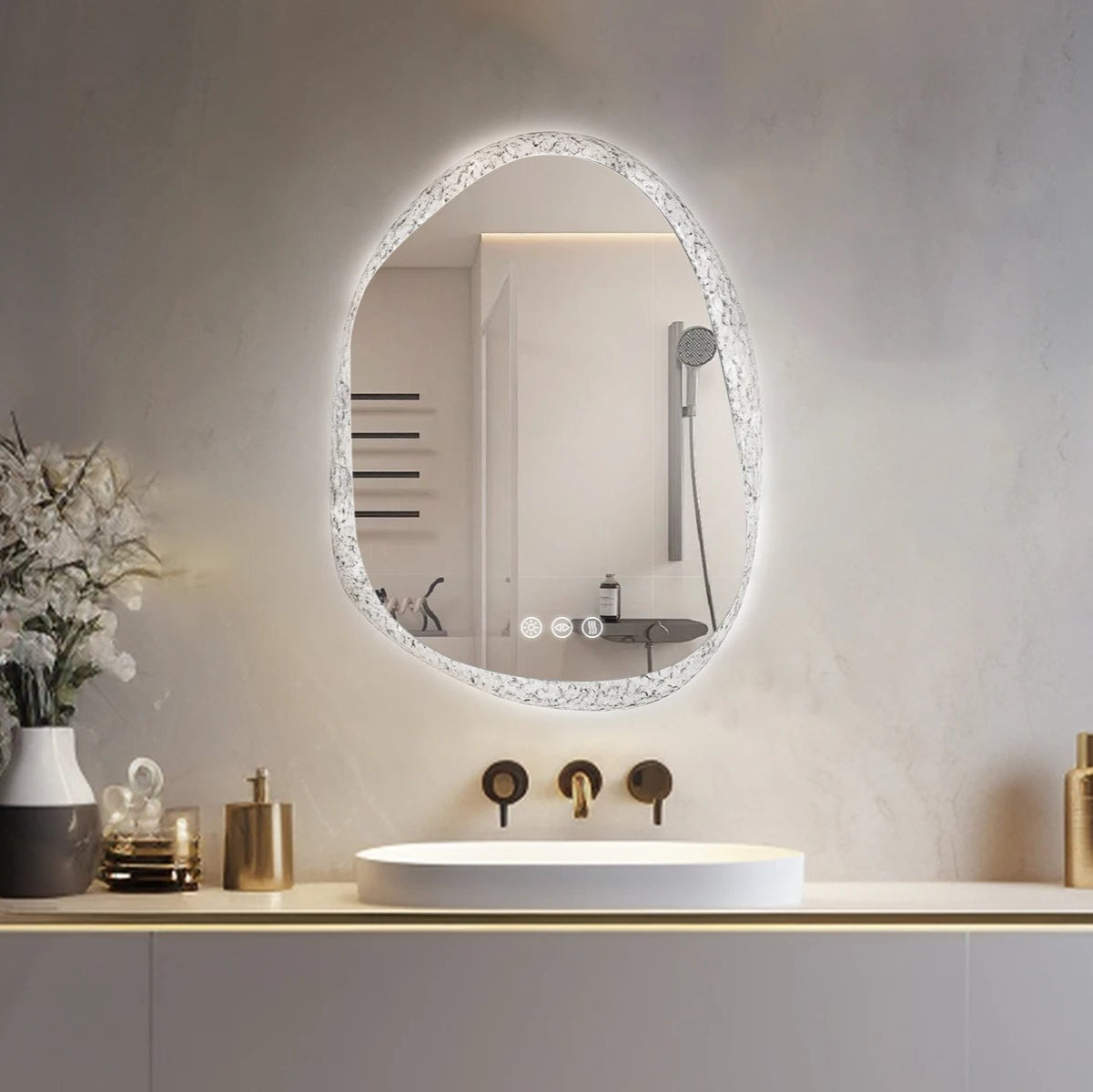 Irregular LED Bathroom Mirror with Backlit Lighting, Anti-Fog, and Touch Sensor - LP Replenish