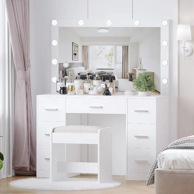 Vanity Desk with Drawers Lighted Hollywood Makeup Mirror and Stool