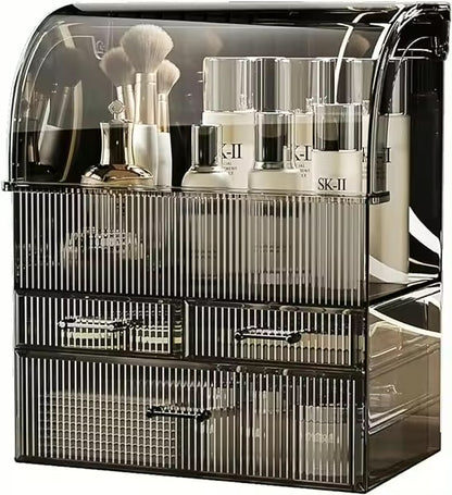 Clear Ribbed Pattern Large Clear Makeup Organizer with Drawers and Lid - LP Replenish