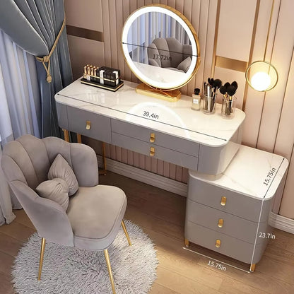 Modern Makeup Vanity with LED Mirror, 6 Drawers, Rock Slab Countertop, and Storage Chair - LP Replenish