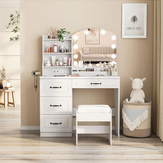 Makeup Vanity Desk with Lights and 4 Drawers and Arched Vanity Mirror
