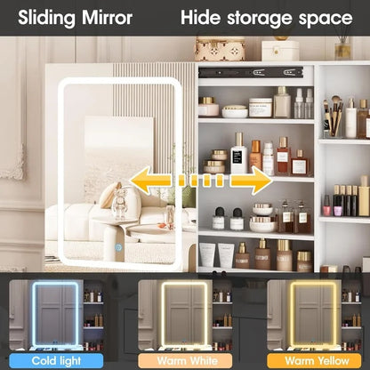 Makeup Vanity Desk with LED Lighted Sliding Mirror, Vanity Table with Jewelry Cabinet, and Charging Station - LP Replenish