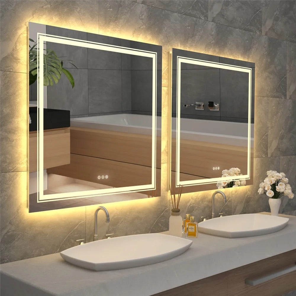 Square Illuminated Bathroom Mirror with Dimmable LED Lights & Anti-Fog - LP Replenish