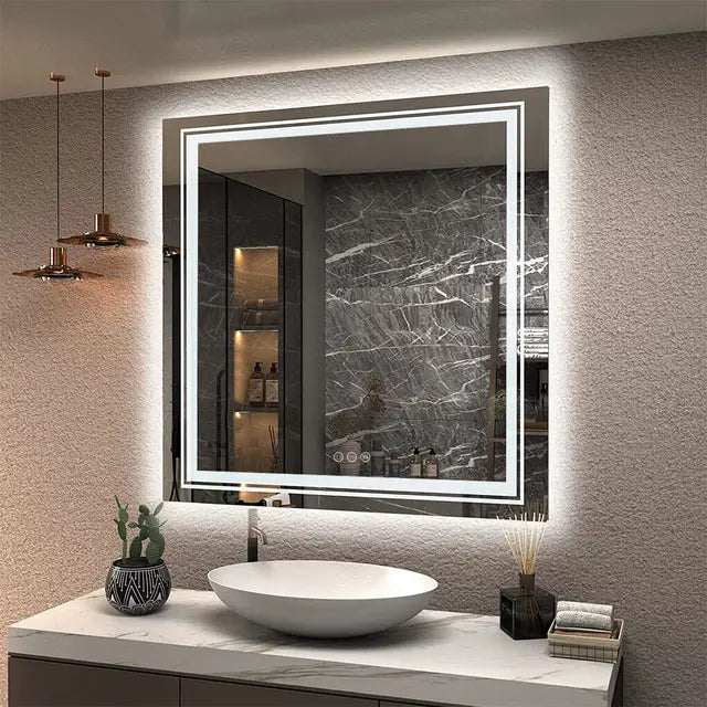 Square Illuminated Bathroom Mirror with Dimmable LED Lights & Anti-Fog - LP Replenish