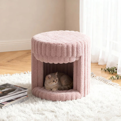 VanitiSeat Princessa | Faux Rabbit Fur Vanity Stool with Hidden Cat Bed, Blush Pink, Grey