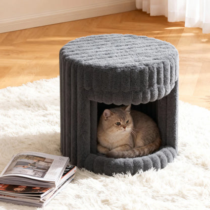 VanitiSeat Princessa | Faux Rabbit Fur Vanity Stool with Hidden Cat Bed, Blush Pink, Grey