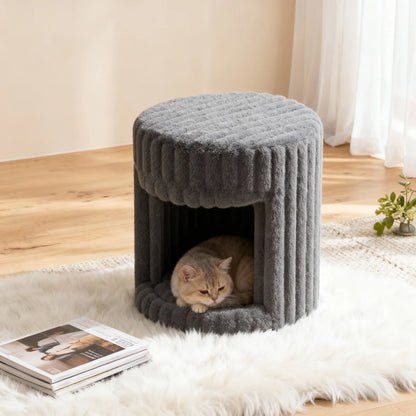 VanitiSeat Princessa | Faux Rabbit Fur Vanity Stool with Hidden Cat Bed, Blush Pink, Grey