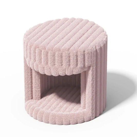 VanitiSeat Princessa | Faux Rabbit Fur Vanity Stool with Hidden Cat Bed, Blush Pink, Grey