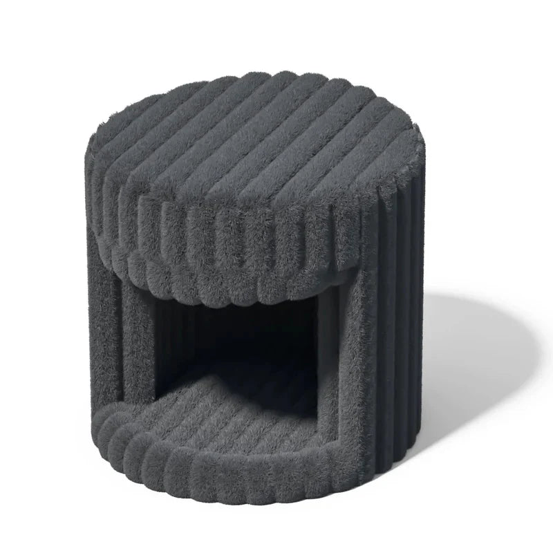 VanitiSeat Princessa | Faux Rabbit Fur Vanity Stool with Hidden Cat Bed, Blush Pink, Grey