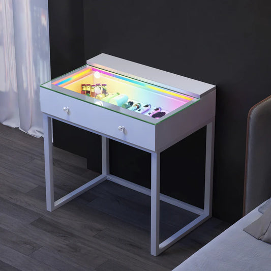 VanitiBar Icon 1.0 | Small Glass Top Vanity Desk With RGB Lighting & Mirror