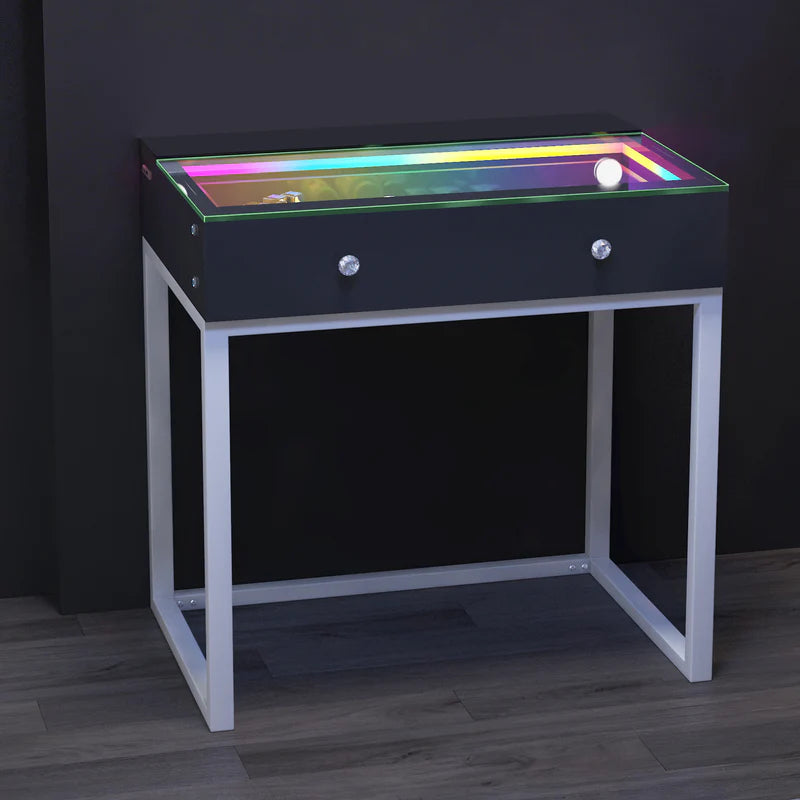 VanitiSet Icon 1.0 | Small Vanity Desk & Hollywood Mirror Set With RGB Glass Top Storage