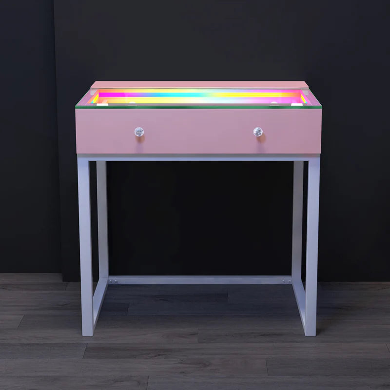 VanitiSet Icon 1.0 | Small Vanity Desk & Hollywood Mirror Set With RGB Glass Top Storage