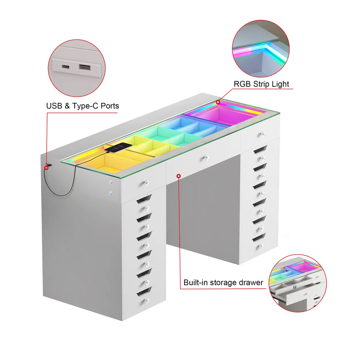 VanitiBar Majesti | Large Glass Top Vanity Desk With 15 Drawers & RGB Lights