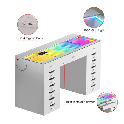 VanitiBar Majesti | Large Glass Top Vanity Desk With 15 Drawers & RGB Lights