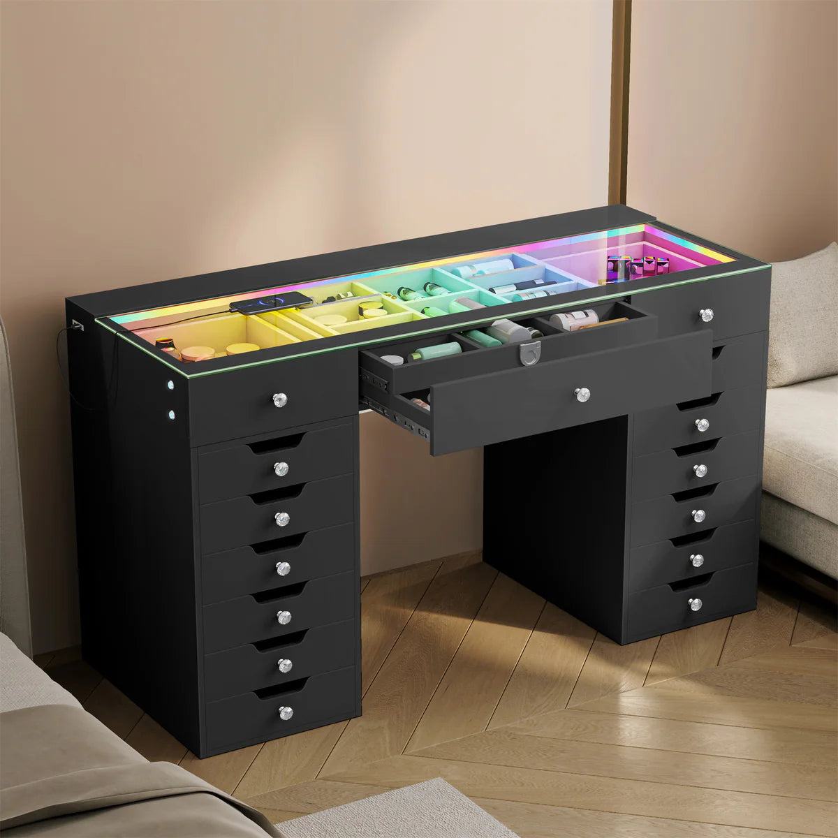 VanitiBar Majesti | Large Glass Top Vanity Desk With 15 Drawers & RGB Lights