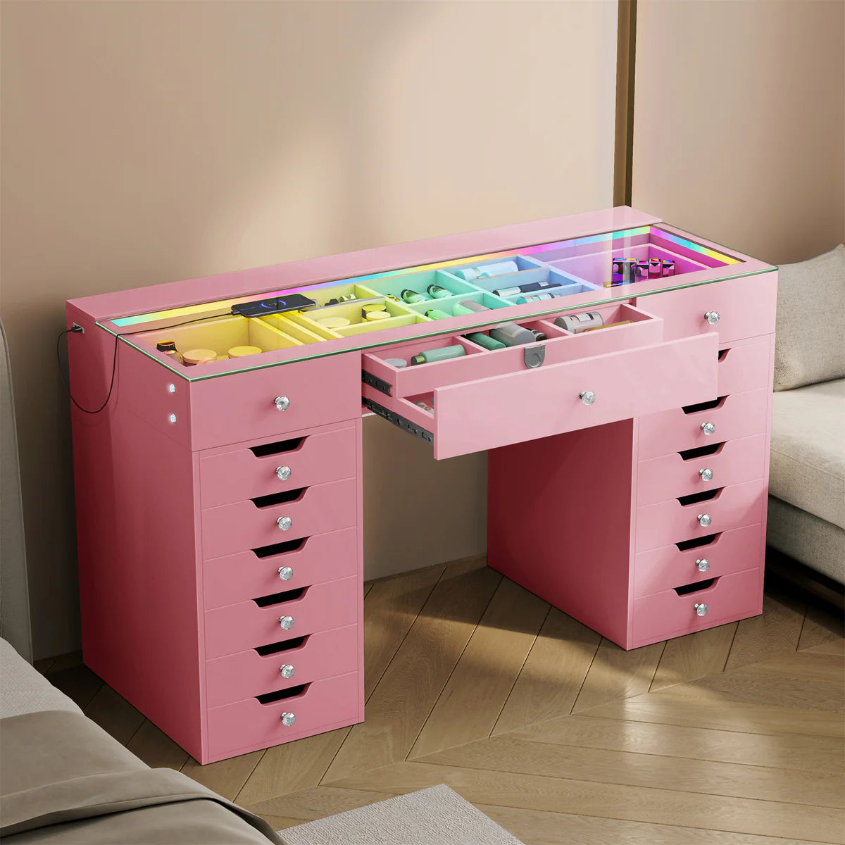 VanitiBar Majesti | Large Glass Top Vanity Desk With 15 Drawers & RGB Lights