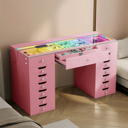 VanitiBar Majesti | Large Glass Top Vanity Desk With 15 Drawers & RGB Lights