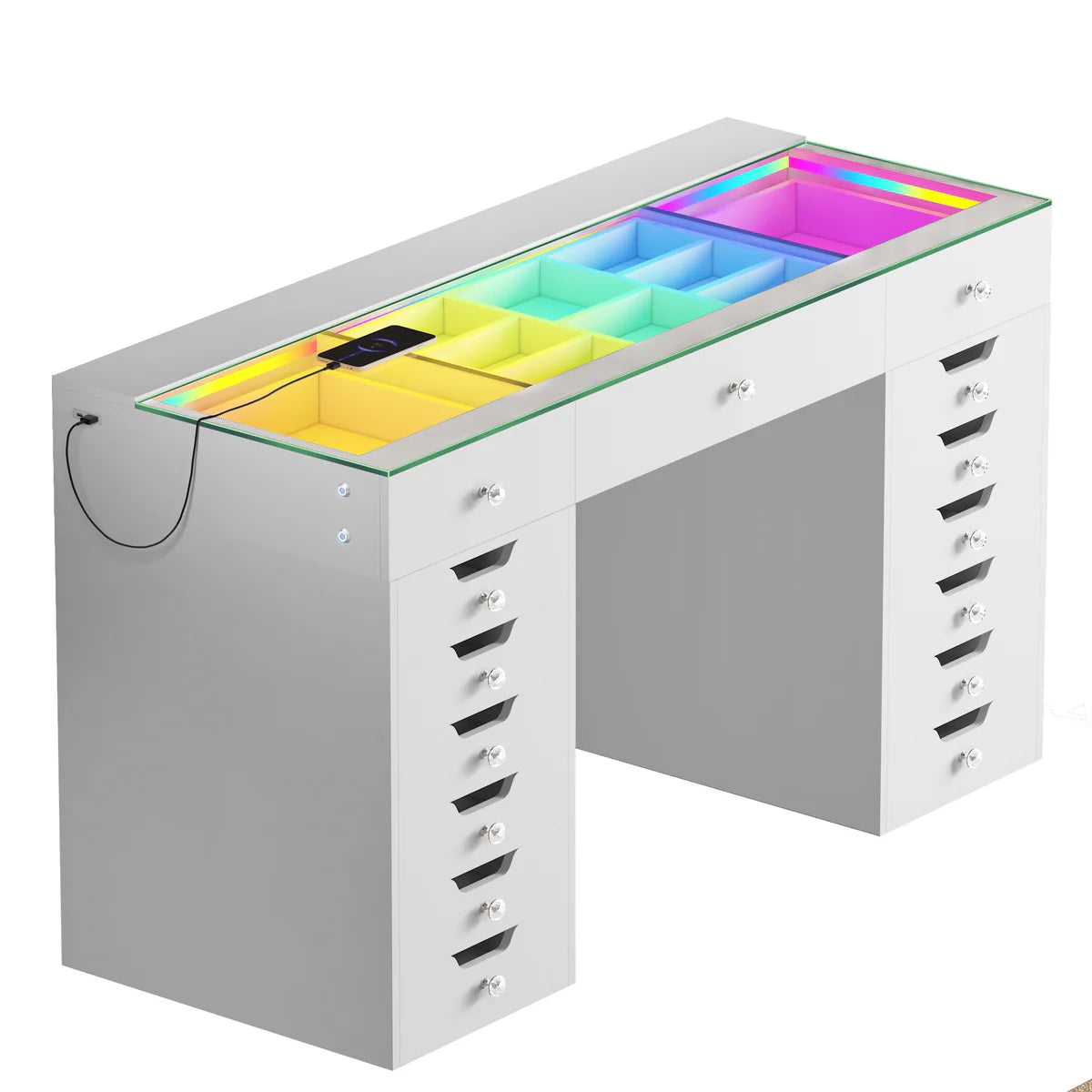 VanitiBar Majesti | Large Glass Top Vanity Desk With 15 Drawers & RGB Lights