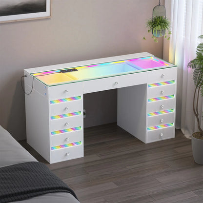VanitiBar Solara | RGB Glam Vanity Desk with Glass Top and Storage