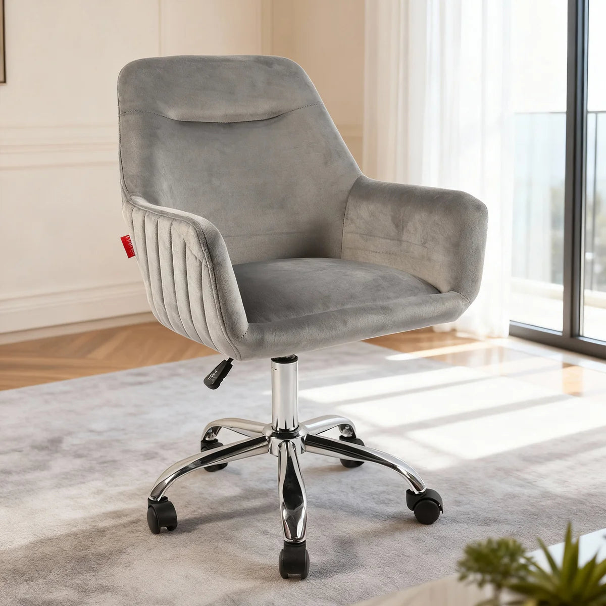 VanitiSeat Bellezza | Swivel Adjustable Velvet Chair, Cream, Pink & Grey
