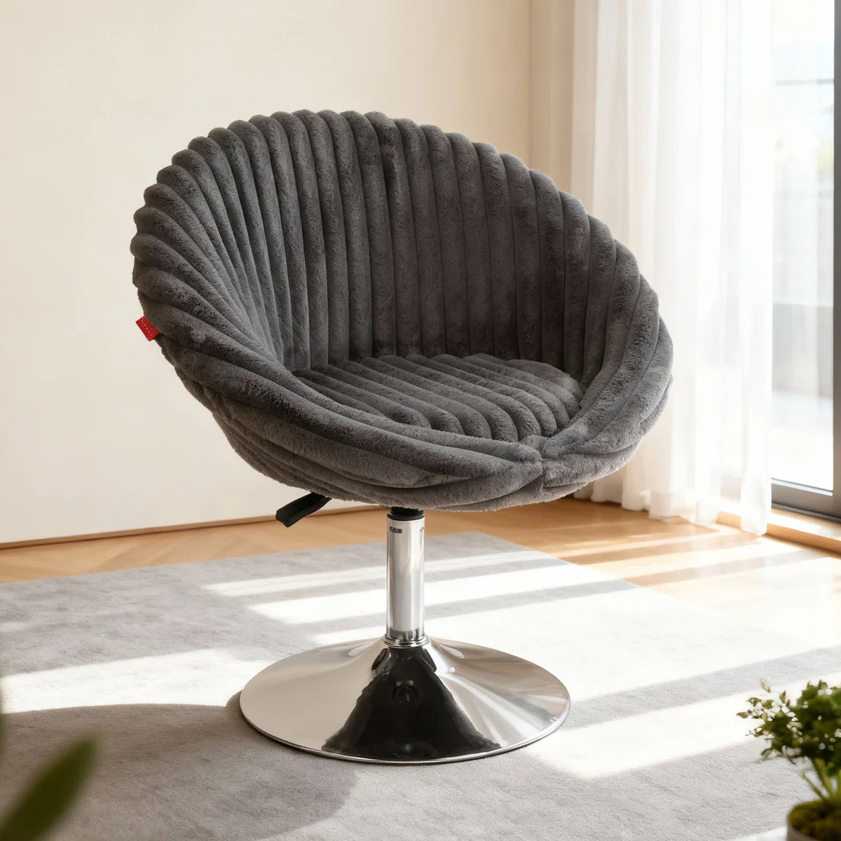 VanitiSeat LunaShell | Faux Rabbit Fur Swivel Vanity Chair, Adjustable Height