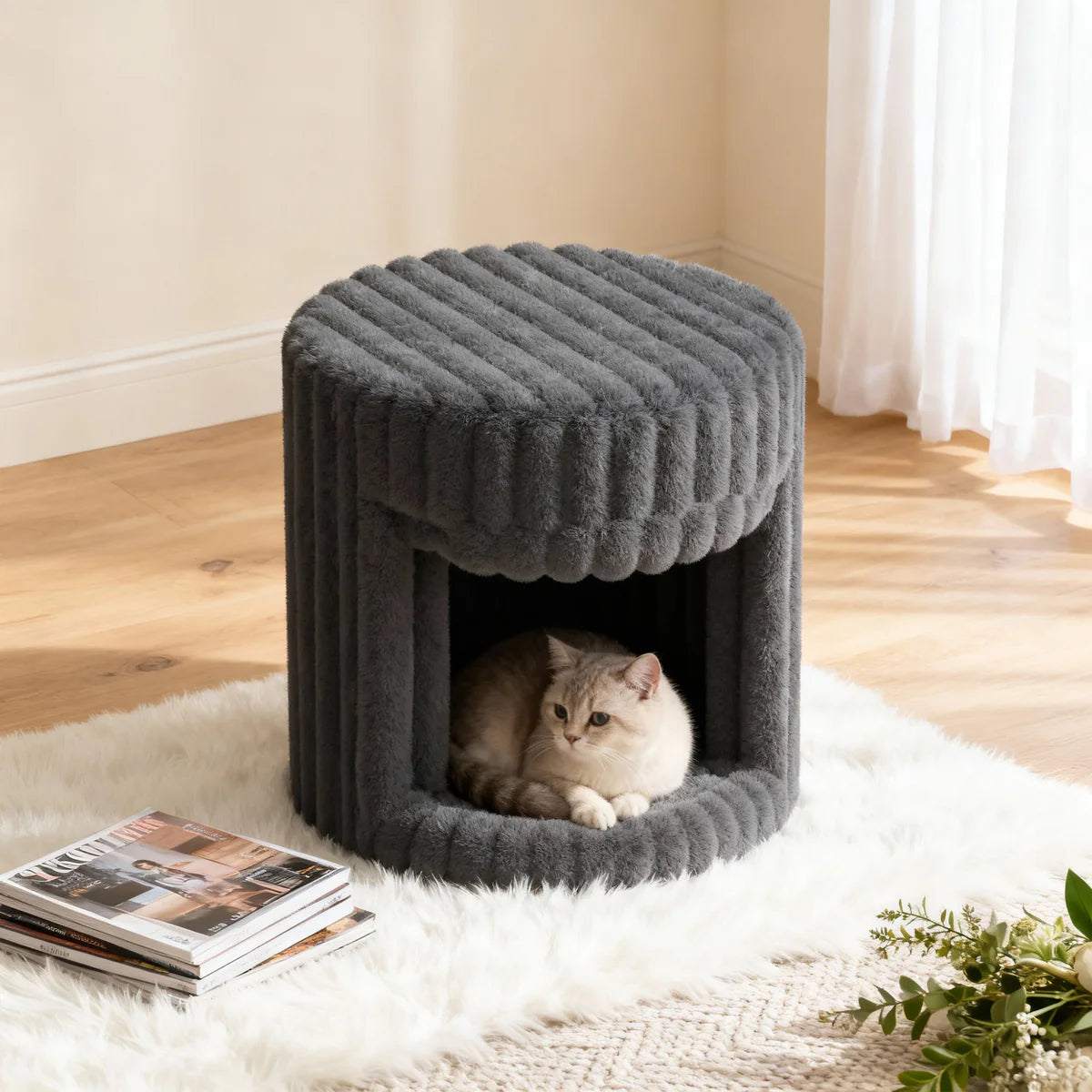 VanitiSeat Princessa | Faux Rabbit Fur Vanity Stool with Hidden Cat Bed, Blush Pink, Grey