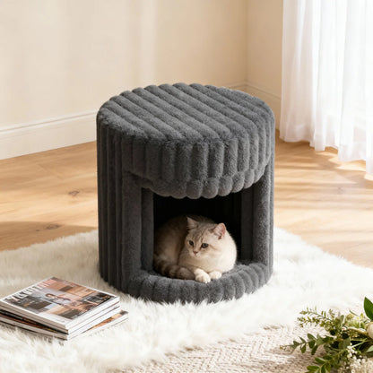 VanitiSeat Princessa | Faux Rabbit Fur Vanity Stool with Hidden Cat Bed, Blush Pink, Grey