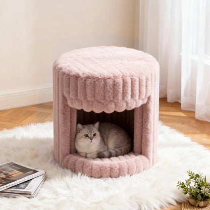 VanitiSeat Princessa | Faux Rabbit Fur Vanity Stool with Hidden Cat Bed, Blush Pink, Grey