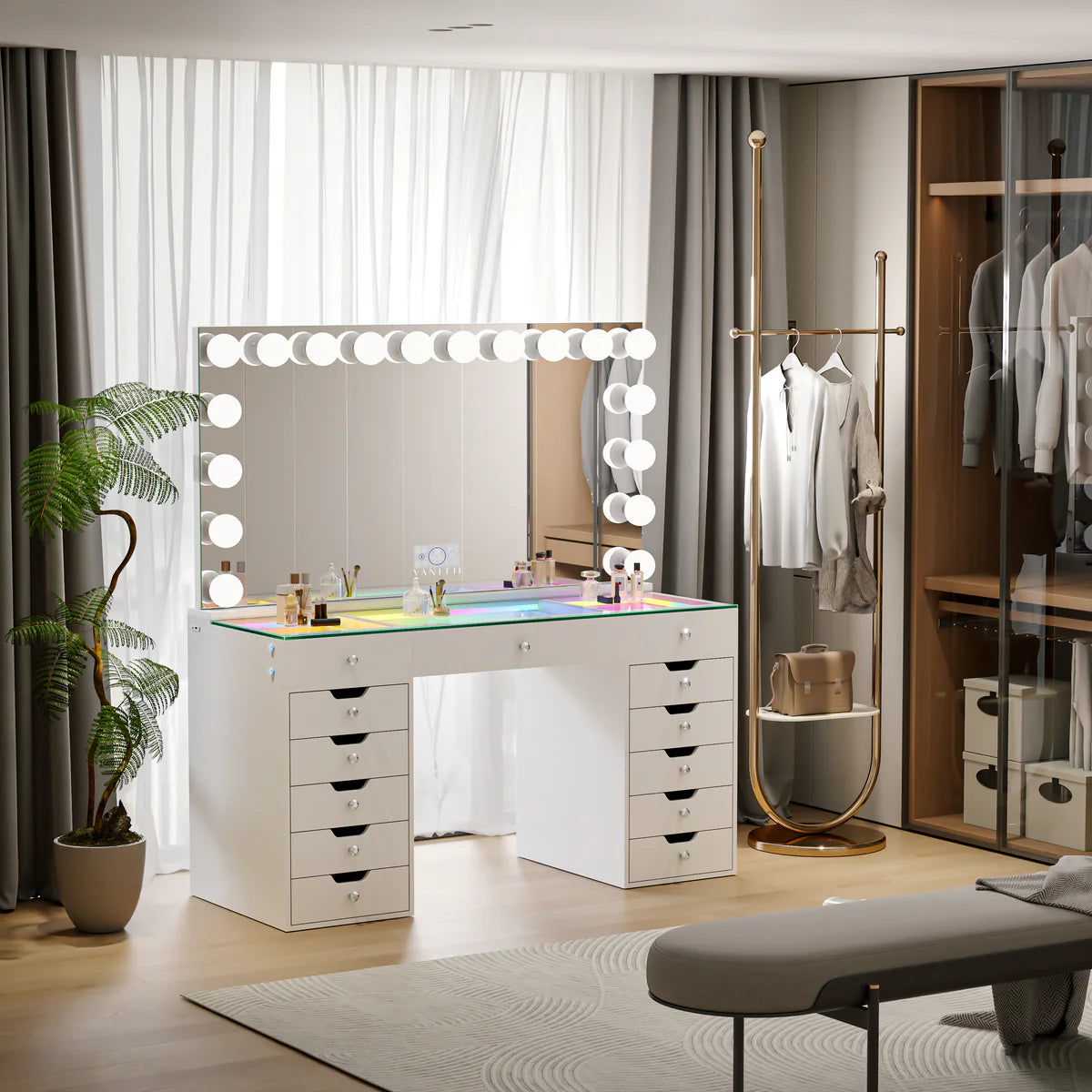 VanitiSet Lumina | Hollywood Vanity Desk with LED Mirror 59", RGB Glass Top, 13 Drawer