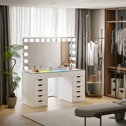 VanitiSet Lumina | Hollywood Vanity Desk with LED Mirror 59", RGB Glass Top, 13 Drawer