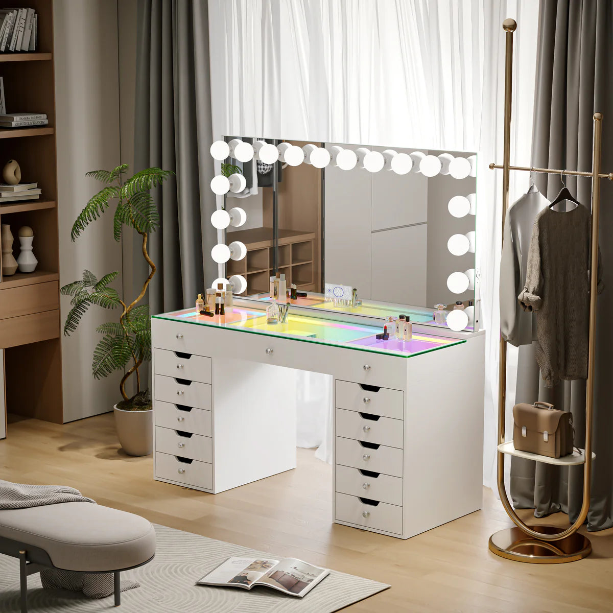 VanitiSet Lumina | Hollywood Vanity Desk with LED Mirror 59", RGB Glass Top, 13 Drawer