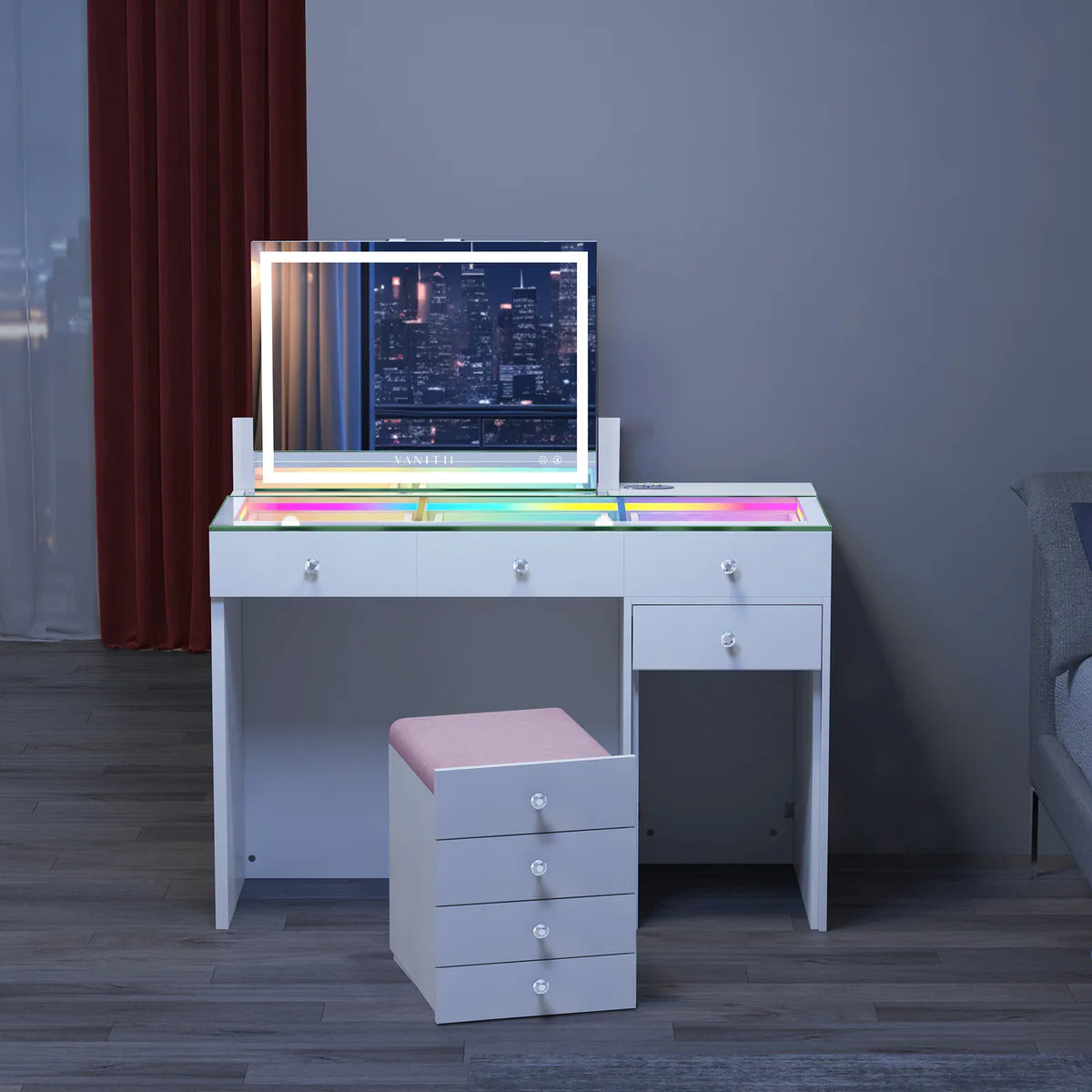 VanitiSet Reveal | Lift-Top LED Mirror, RGB Glass Top Vanity Desk, Hidden Stool, White